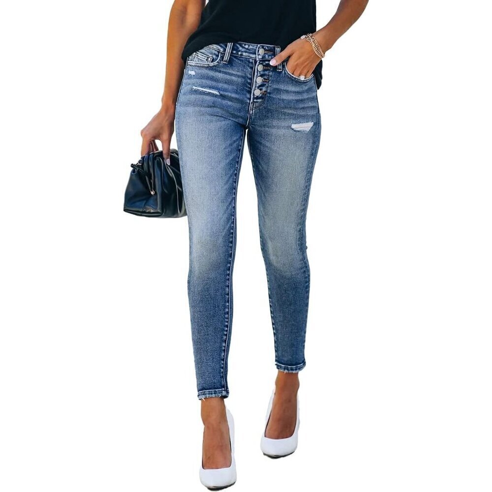 Women's High Rise Skinny Ripped Denim Jeans Stretch Button Closure